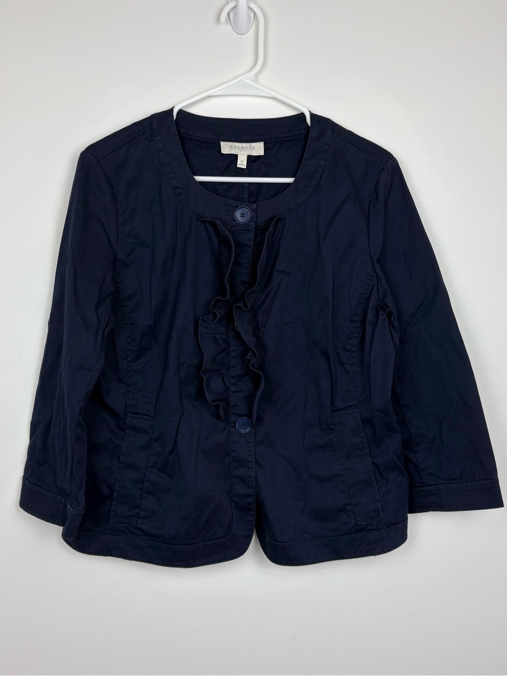 Talbots Navy Ruffle-Front Blazer Size 10 Good Condition 98% Cotton Dark Academia